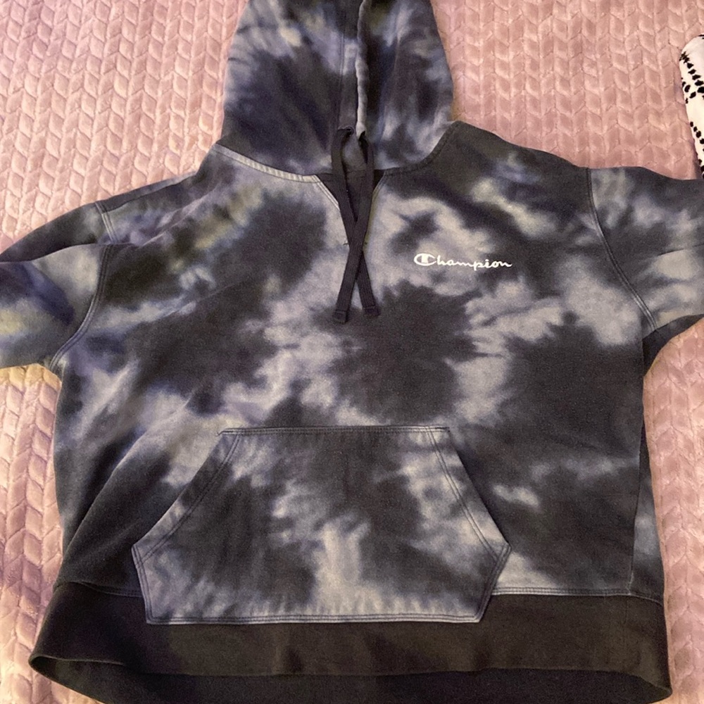 Navy blue and grey “Champion” sweatshirt with a hood
